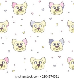 Cute Katze, Polka Punkte und Herzen nahtlose Muster. Vektorgrafik für Kinderhintergründe, Textilien, Papier, Postkarten, Designs von Kinderzimmern.