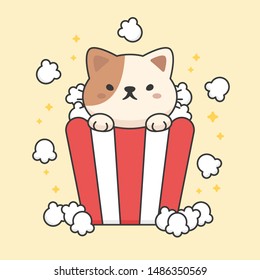 Cute cat in a popcorn bucket cartoon animal character vector. Cartoon character design.