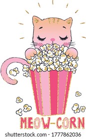 cute cat and popcorn funny graphic design print