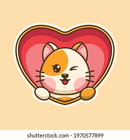 Cute cat popup from heart cartoon