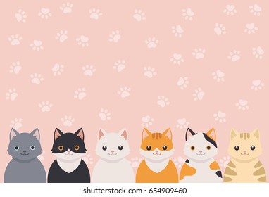 Cute cat portrait with cat's paws pattern background.