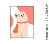 Cute cat portrait, framed poster, picture. Adorable feline animal, pet with collar and whiskers, wall art. Funny kawaii kitty, home interior decor, photo, photograph. Flat vector illustration