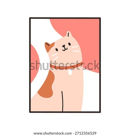 Cute cat portrait, framed poster, picture. Adorable feline animal, pet with collar and whiskers, wall art. Funny kawaii kitty, home interior decor, photo, photograph. Flat vector illustration