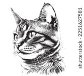 Cute cat portrait hand drawn sketch engraving style Vector illustration.