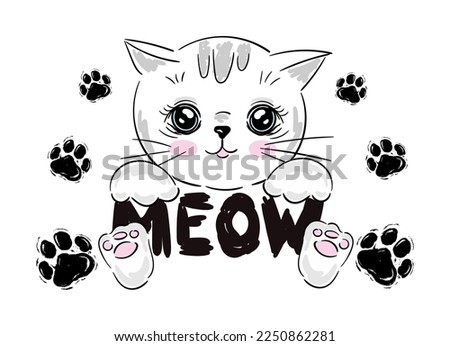 Cute cat portrait with paws and slogan meow lettering. Hand drawn kitty girl face, cheerful fashion pussycat cartoon illustration for t-shirt print, kids greeting card, invitation for pet party.