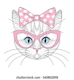 Cute cat portrait with pin up bow tie on head, sunglasses. Hand drawn kitty girl face, cheerful fashion pussycat cartoon illustration for t-shirt print, kids greeting card, invitation for pet party.