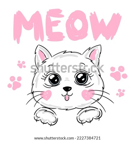 Cute cat portrait with pink paws and slogan meow lettering. Hand drawn kitty girl face, cheerful fashion pussycat cartoon illustration for t-shirt print, kids greeting card, invitation for pet party.