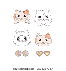 Cute cat portrait vector clip-art set isolated on white. Cat vibes illustration