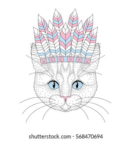 Cute cat portrait with war bonnet on head. Hand drawn kitty face, fashion animal cartoon in aztec style, illustration for t-shirt print, kids greeting card, invitation, tattoo design