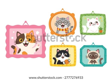 Cute cat portraits in frames element set vector, pet gallery wall art collection clip art