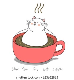 Cute cat portraying the character of morning people sitting relax in a cup of coffee. Vector illustration with hand-drawn style.