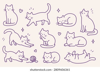 Cute Cat Poses Doodle Vector Set with Playful, Sleeping, Stretching and Relaxing Kittens Hand Drawn Purple Sketch Collection