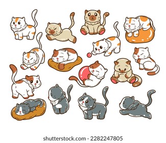 Cute cat poses hand-drawn illustration. Set cat poses character illustration.