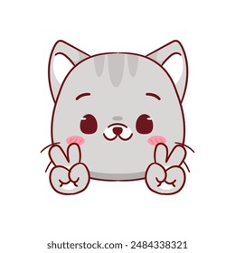 Cute Cat Poses Peace Hand Sign Gesture Cartoon Character. Adorable and Kawaii Animal Icon Mascot Concept Design. Logo Vector Illustration. Isolated White Background.