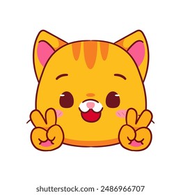 Gato lindo posa la mano de la paz signo gesto personaje de dibujos animados. Adorable y Kawaii Animal Icon Mascot Concepto Diseño. Ilustración vectorial del logotipo. Fondo blanco aislado.