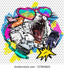 Cute cat poster sings. Star of show business. Vector illustration EPS10. Design a poster for a t-shirt.