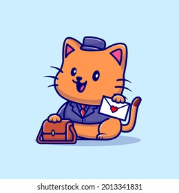 Cute Cat Postman Cartoon Vector Icon Illustration. Animal Profession Icon Concept Isolated Premium Vector. Flat Cartoon Style