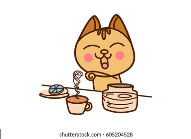Cute Cat pouring sugar in tea. vector illustration. Isolated don white background.