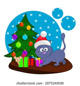 Cute cat prepares Christmas presents for the mouse