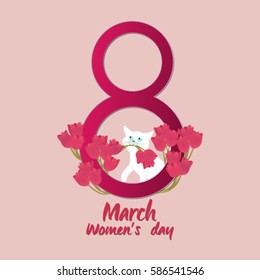 Cute cat presents a bouquet of purple tulips.Vector illustration to the Women's Day (8th of March).