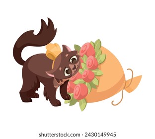 Gato lindo con el hocico bonito en amor con el ramo de flores Vector Ilustración