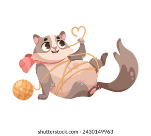 Gato lindo con el hocico bonito en el amor con la bola de hilo y corazón ilustración vectorial