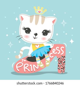 Cute cat princess cartoon sitting on pink shoe isolated on green background illustration vector.