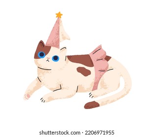 Cute cat in princess costume. Sweet lovely kitty in girlish clothing, cap and skirt for meow party. Adorable little kitten. Childish flat graphic vector illustration isolated on white background