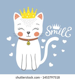 Cute cat princess with crown. Smile slogan. Cartoon vector illustration design for t-shirt graphics, fashion prints
