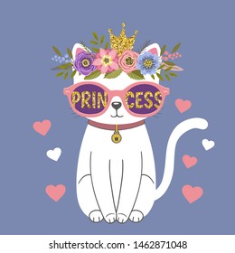 Cute cat princess with floral wreath, crown. Princess slogan. Cartoon vector illustration design for t-shirt graphics, fashion prints