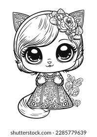 Cute cat princess in a flower crown and dress.Baby animal in line drawing. Vector illustration isolated on background. For printable children's and adults coloring page or book, kids toddler activity.