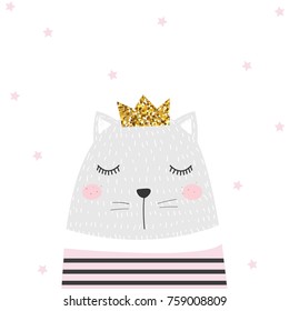 Cute cat princess with golden glitter crown. Vector hand drawn illustration.