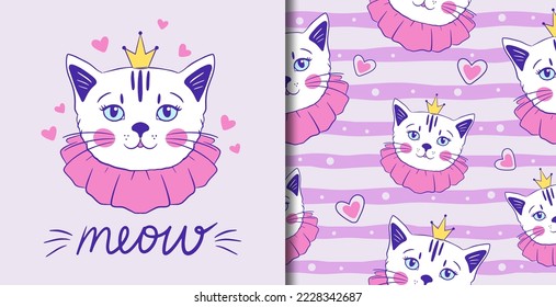 princesa de gato lindo, imprenta y patrón sin fisuras para ropa o postal, ilustración vectorial