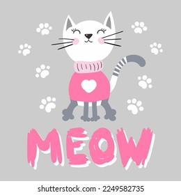 Cute cat print with paw and pink phrase lovely meow vector illustration. Children's design poster
