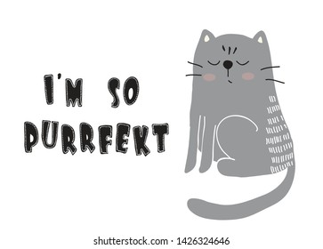 cute cat print. vector illustration with slogan for kids clothes,t shirt,fabric,nursery