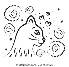 Cute cat in profile, swirls, spirals and hearts, black monochrome vector illustration