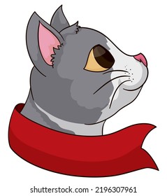Cute cat in profile of white and gray fur behind red ribbon, isolated over white background.
