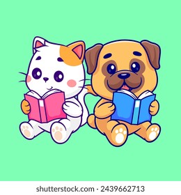 Cute Cat And Pug Dog Reading Book Cartoon Vector Icon Illustration. Animal Education Icon Concept Isolated Premium Vector. Flat Cartoon Style