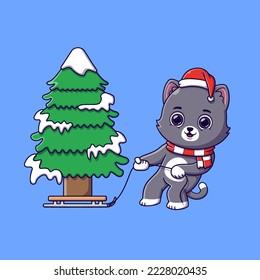 cute cat pulling a sled with pine tree