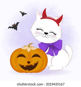 Cute cat with pumpkin and bat hand drawn cartoon animal Halloween illustration