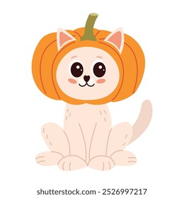 Cute cat in a pumpkin. Cute cartoon character. Vector illustration.