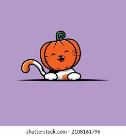 Cute Cat Pumpkin Cartoon Vector Icon Illustration. Animal Holiday Icon Concept Isolated Premium Vector. Flat Cartoon Style