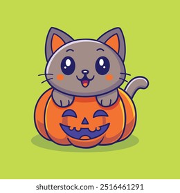 Cute Cat Pumpkin Cartoon Vector Icon Illustration. Isolated Flat Cartoon Style