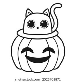 Cute cat and pumpkin. Coloring page. Halloween print. Vector illustration