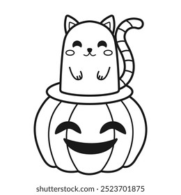 Cute cat and pumpkin. Coloring page. Halloween print. Vector illustration