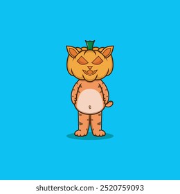 Cute Cat Pumpkin Ghost Halloween Cartoon Vector Icon Illustration. Food Holiday Icon Concept Isolated Premium Vector. Flat Cartoon Style