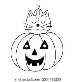 Gato bonito e uma abóbora Halloween colorir página para crianças. Engraçado esboço impresso com felino personagem e abóbora assustadora. Ilustração vetorial