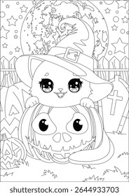 Cute Cat And Pumpkin Halloween Coloring Page Vector
