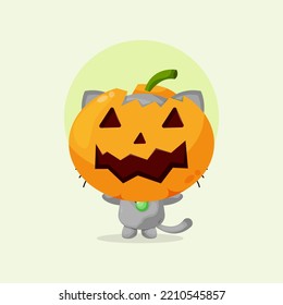 Cute cat with pumpkin halloween mask illustration