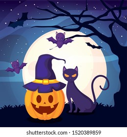 cute cat with pumpkin on halloween scene